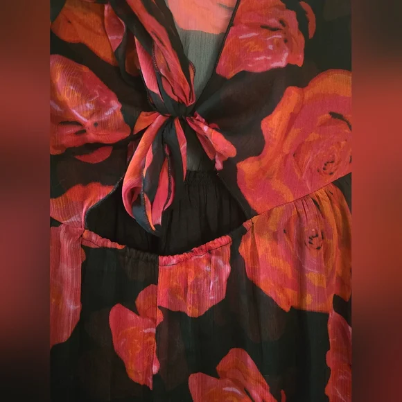 Urban Outfitter Kiki Tie-Front Roses Mini Dress Long Bell Sleeve Cutout Coquette - Picture 11 of 14